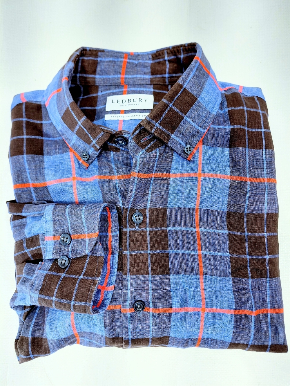 Ledbury Blue Linen Plaid Tailored Long Sleeve Button Down Shirt